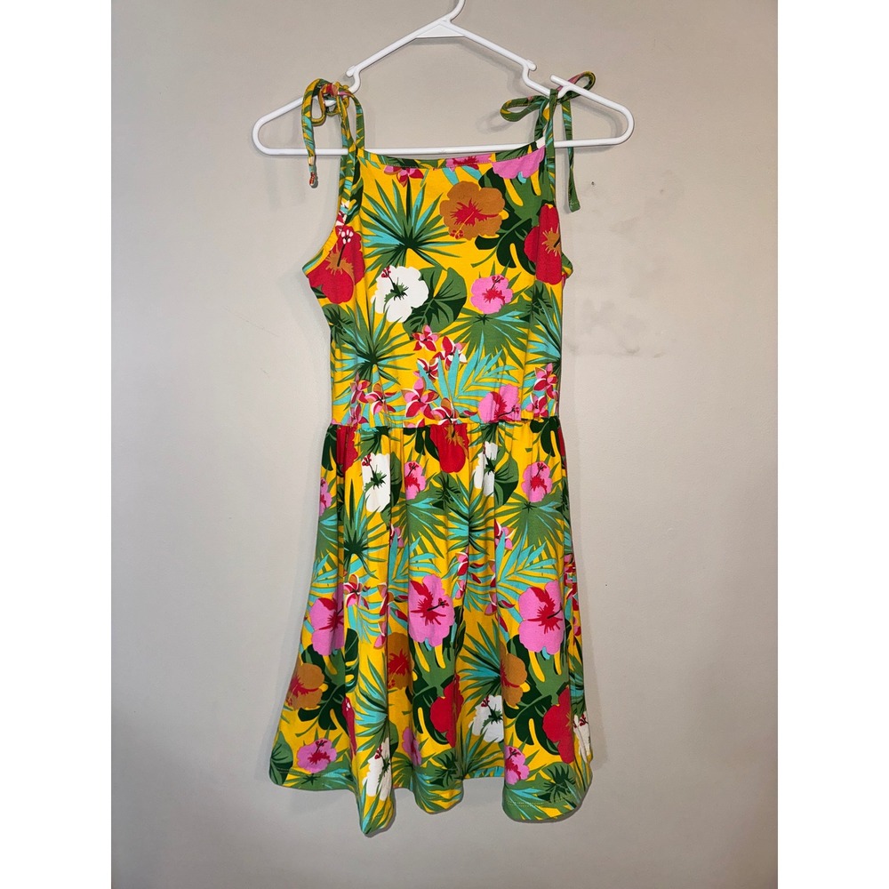AnnLoren Girls Tropical Hibiscus Floral Sun Dress Yellow Size 11/12 Summer Tie